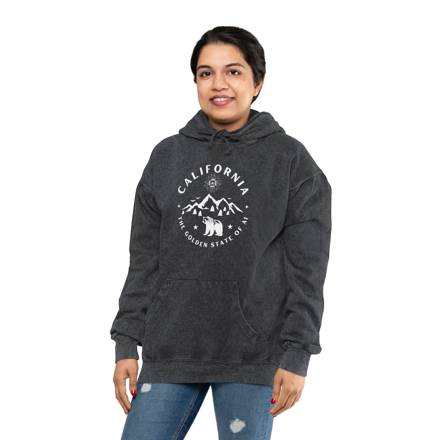 California Golden State of AI Mineral Wash Hoodie - Cozy Graphic Sweatshirt