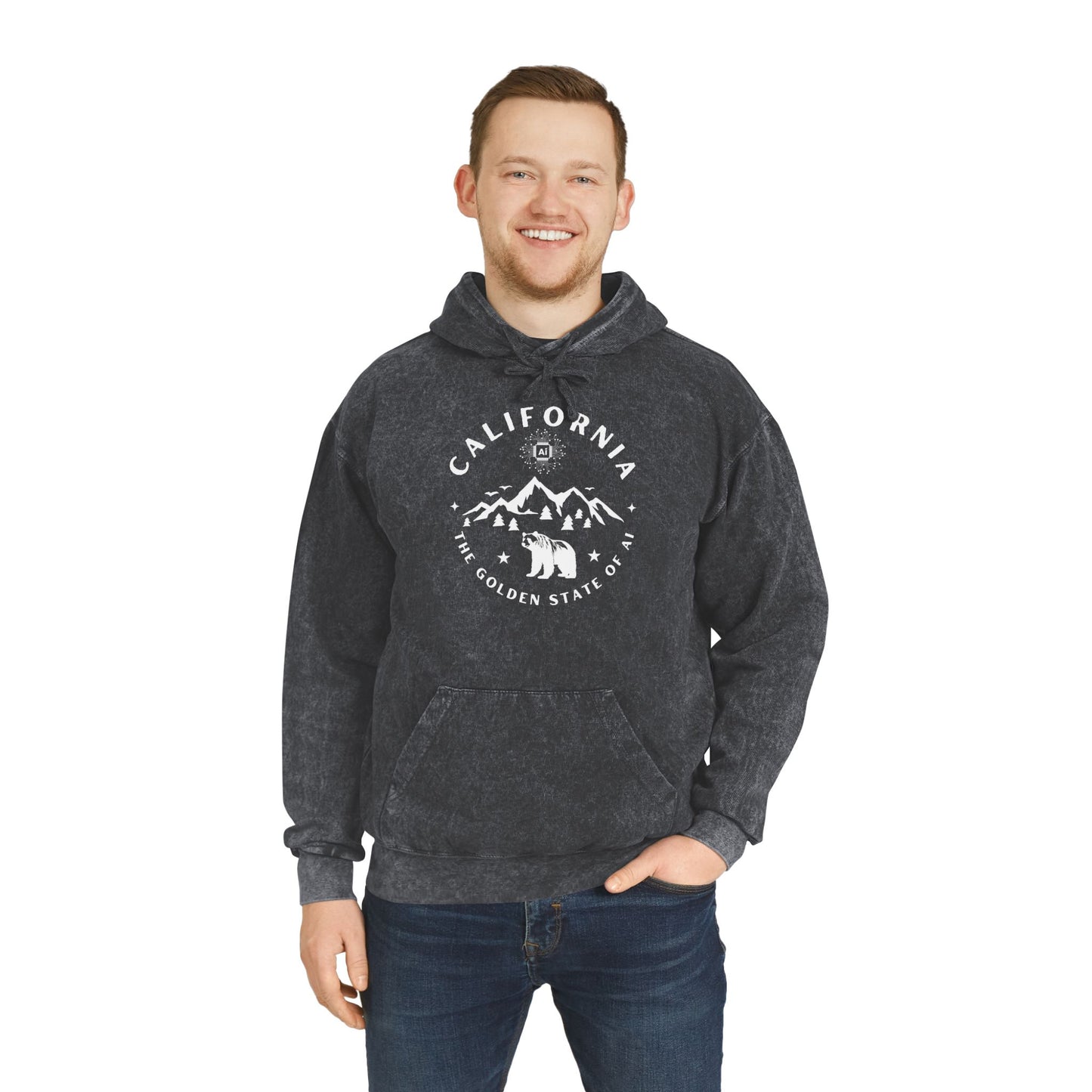 California Golden State of AI Mineral Wash Hoodie - Cozy Graphic Sweatshirt